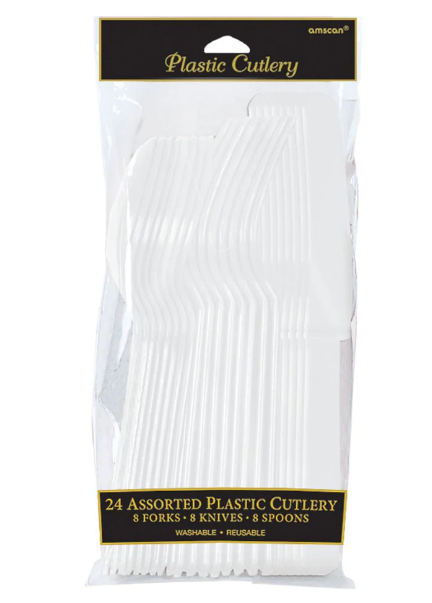 Assorted Plastic Cutlery Frosty White 24ct - Toy World Inc
