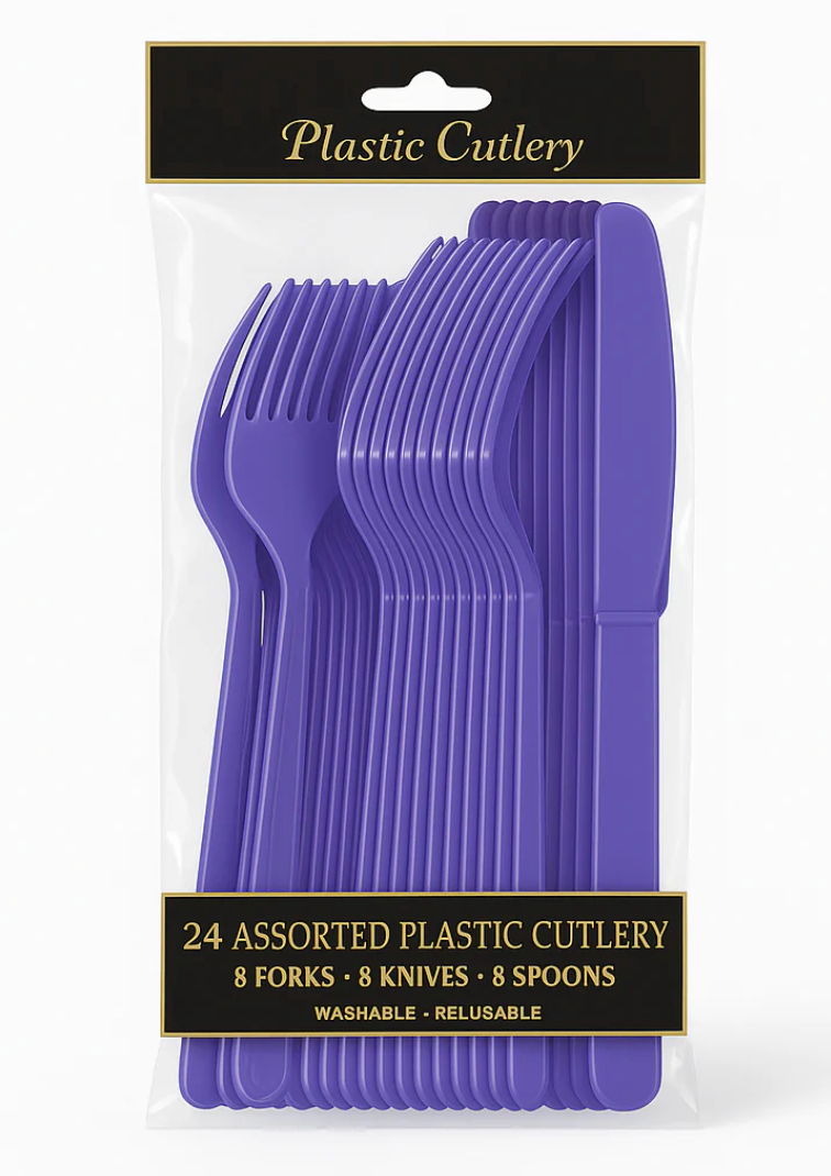 Assorted Plastic Cutlery New Purple 24ct - Toy World Inc