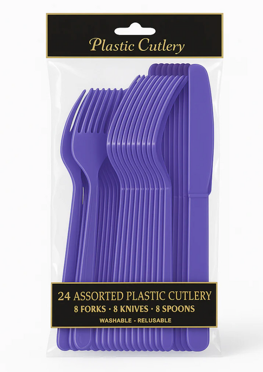 Assorted Plastic Cutlery New Purple 24ct - Toy World Inc