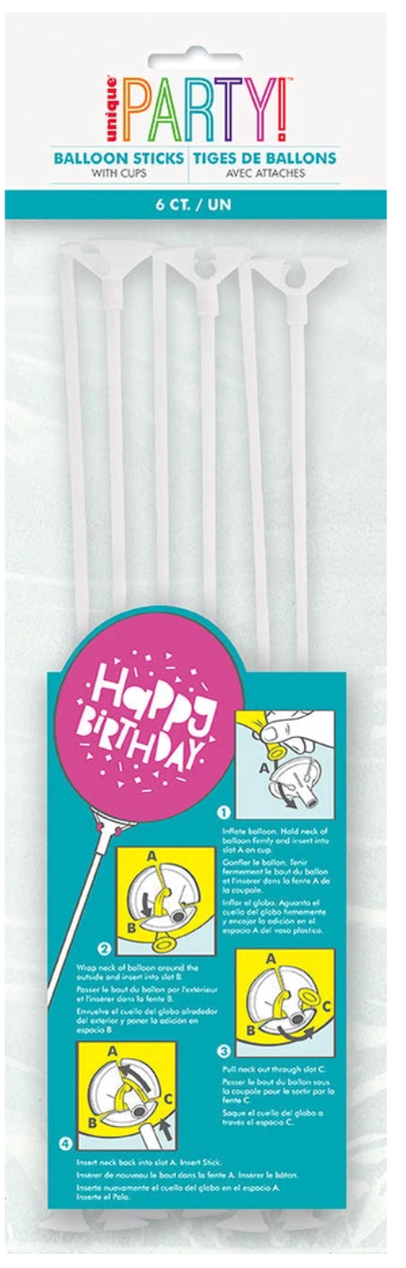 Balloon Stick and Cup 12 inch 6ct - Toy World Inc