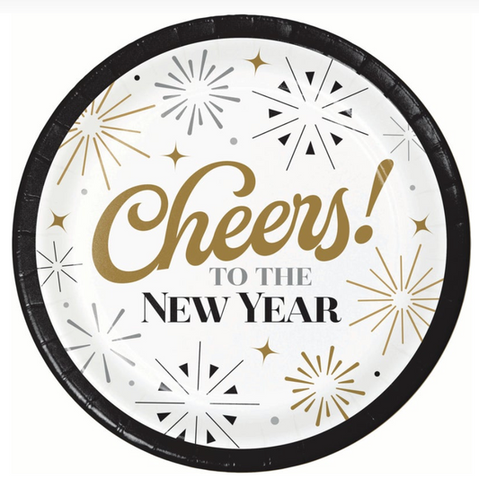 Round white paper plate with black rim, gold and silver fireworks, and "Cheers! To the New Year" text in gold and black.