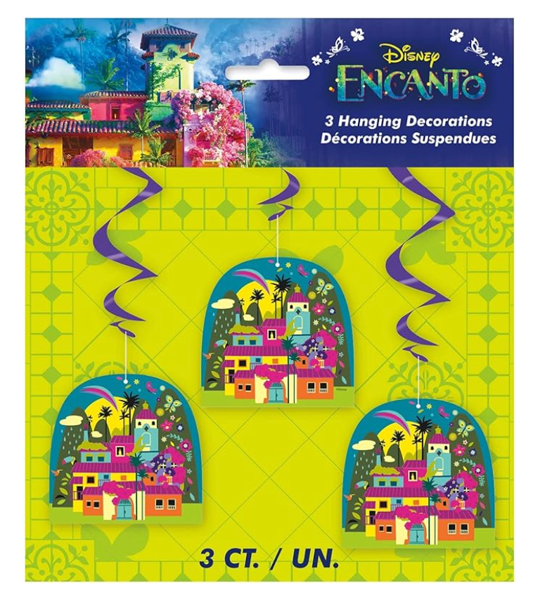 Set of three 26-inch purple hanging swirl decorations with colorful Encanto-themed cityscape designs.