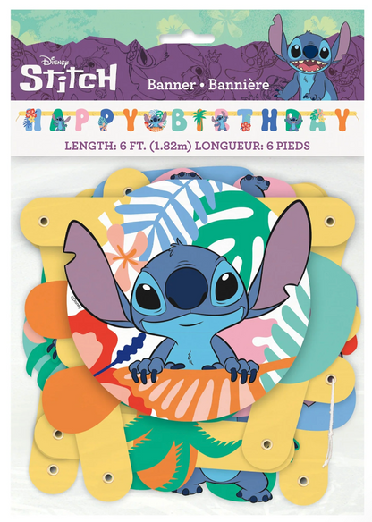Colorful Lilo and Stitch jointed banner with blue Stitch character and tropical leaf patterns, 6 feet long.