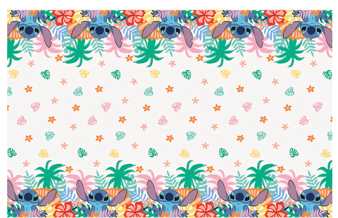 Rectangular plastic tablecover with Lilo and Stitch characters, tropical leaves, and colorful flowers on white background.