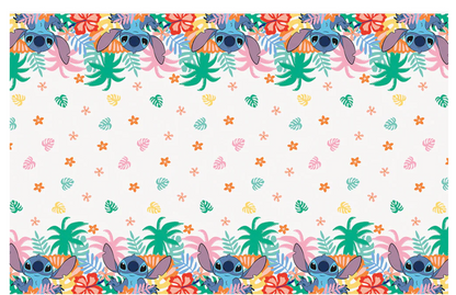 Rectangular plastic tablecover with Lilo and Stitch characters, tropical leaves, and colorful flowers on white background.