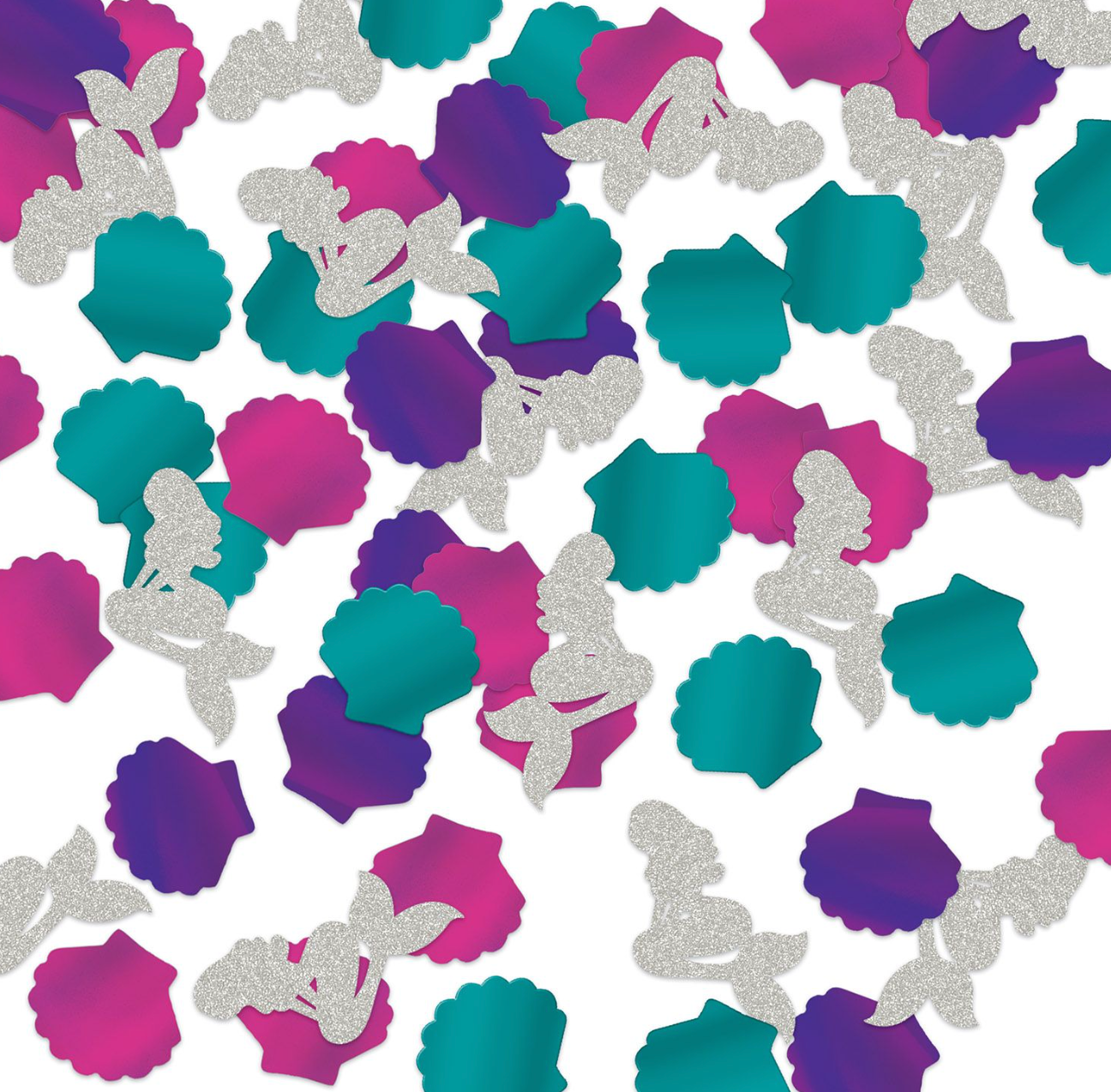Silver glitter mermaid silhouettes with teal, purple, and pink scallop shell confetti pieces.