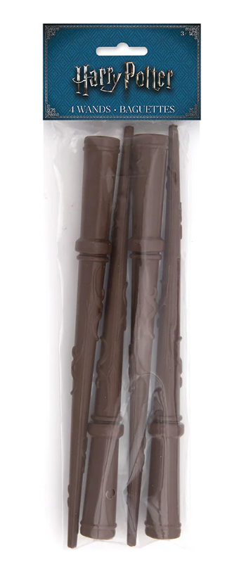 Set of four brown Harry Potter-style wizard wands with carved handles in clear plastic packaging.