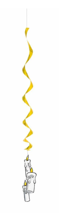 Yellow spiral hanging decoration with white Hogwarts house crests in black line art at the bottom.