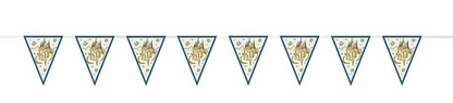 Blue and gold Harry Potter-themed triangular pennant banner with house crests and lightning bolt designs.