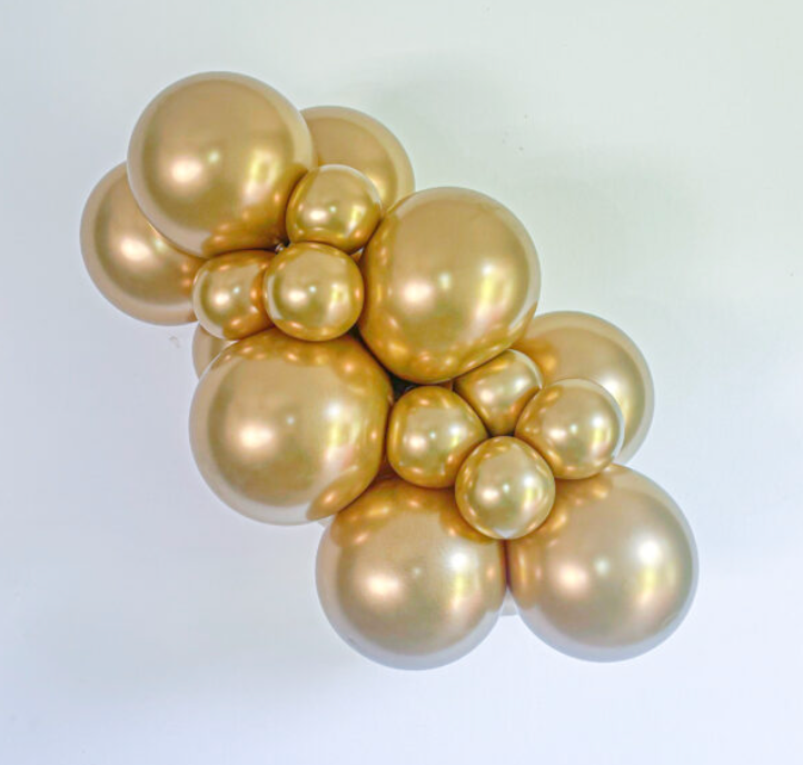 Cluster of shiny golden latex balloons in varying sizes arranged closely together.
