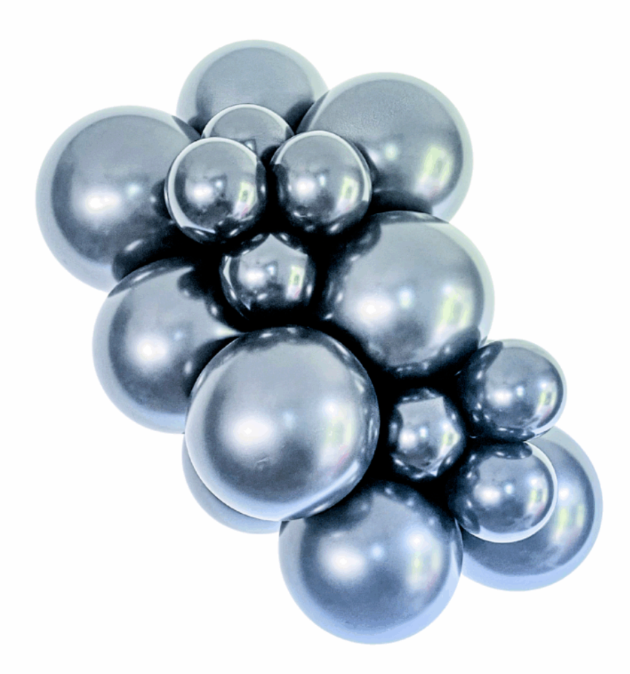 Cluster of shiny metallic dark gray latex balloons in various sizes, 24 inches each.