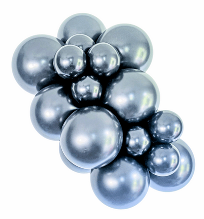Cluster of shiny metallic dark gray latex balloons in various sizes, 24 inches each.