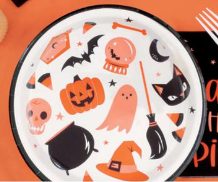 White 9-inch plate with black rim featuring orange and black Halloween icons like pumpkin, ghost, bat, witch hat, skull,.