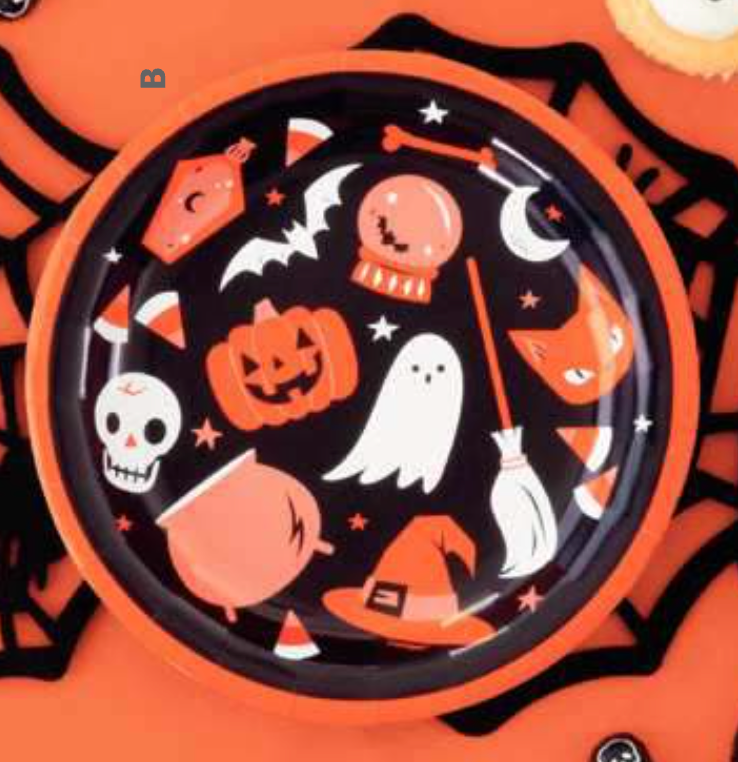 Black 7-inch round paper plate with orange Halloween icons including a ghost, pumpkin, skull, witch hat, cat, bat, and magic