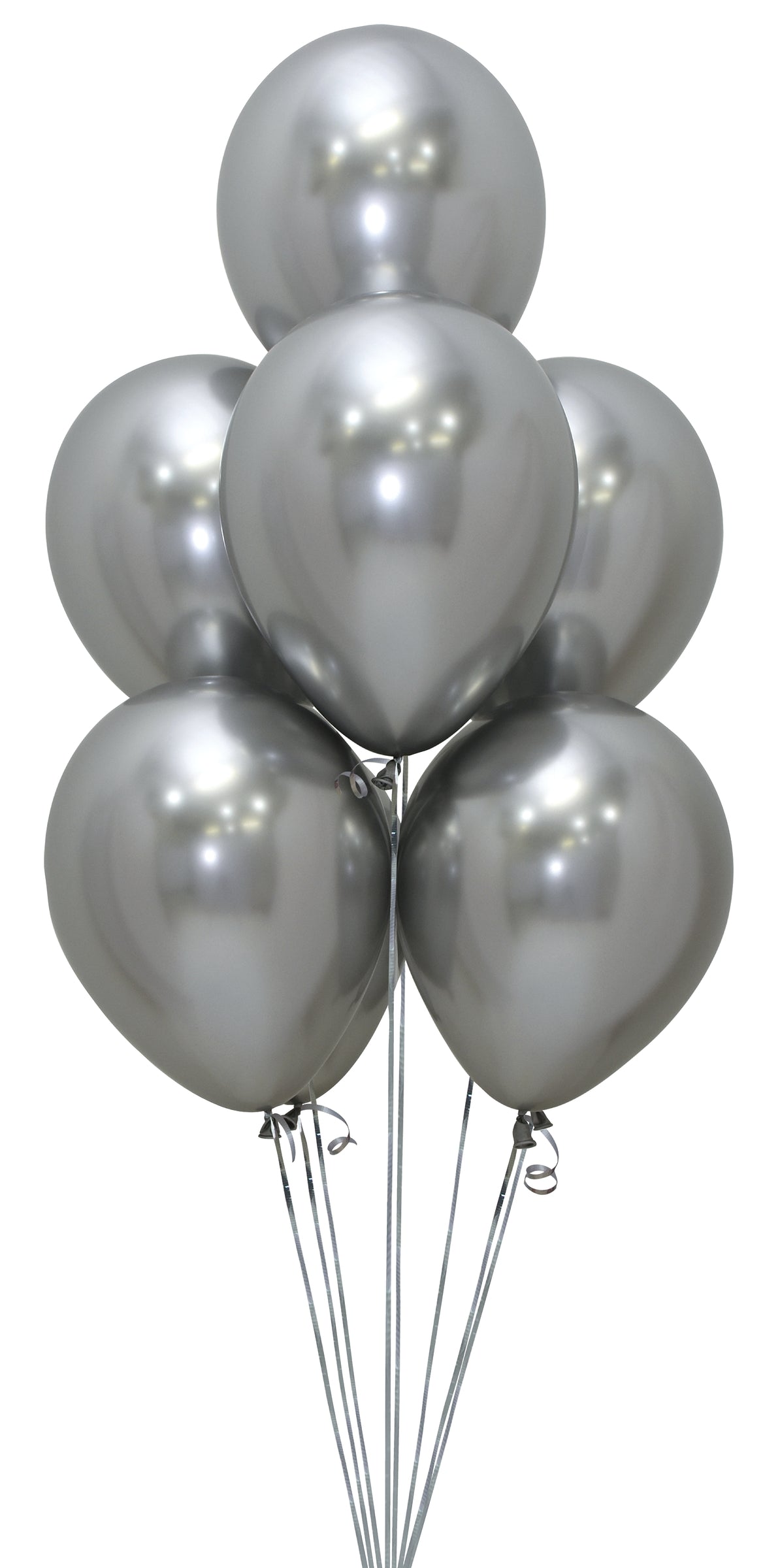 Glossy solid chrome silver latex balloons inflated with helium, tied in a bouquet.
