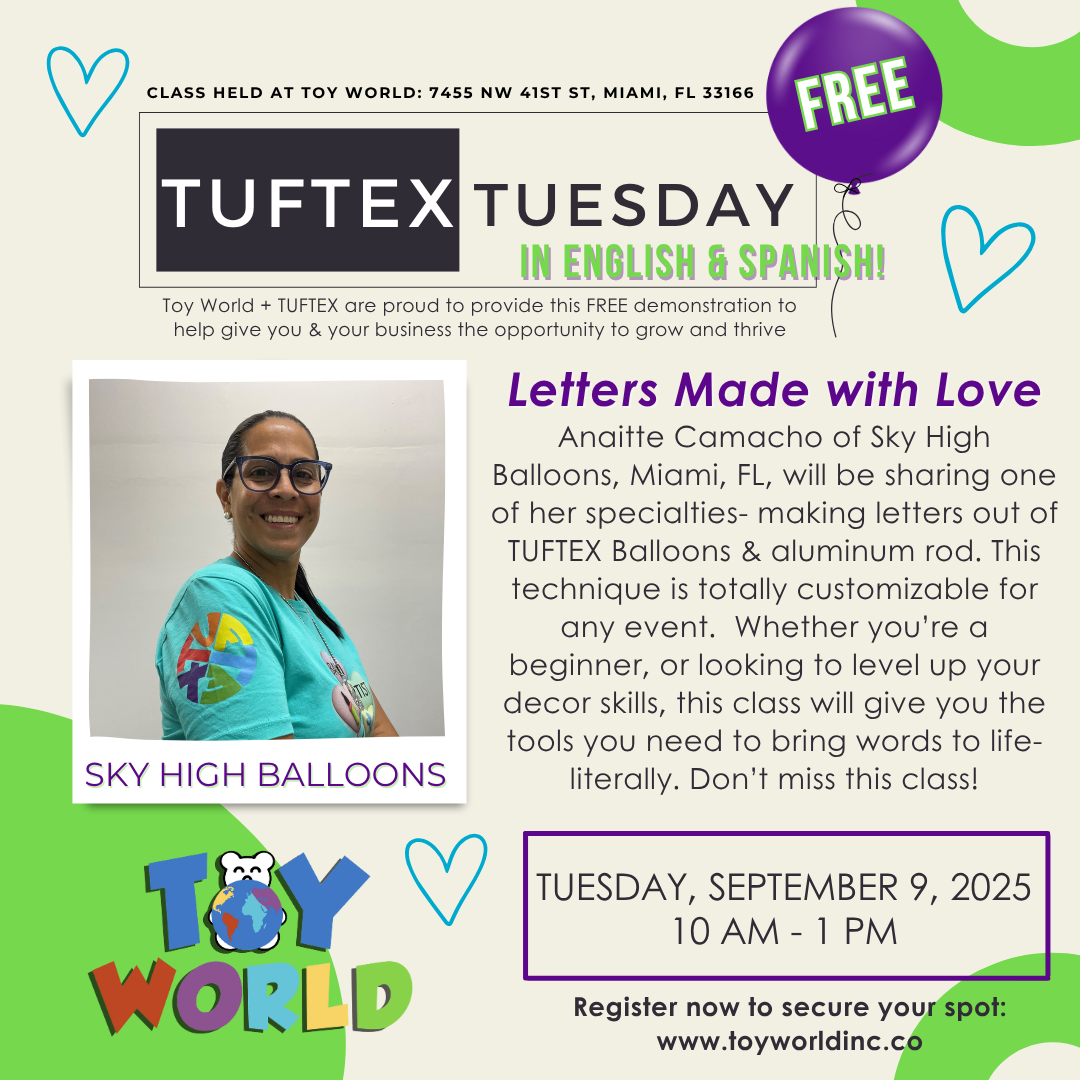 Promotional flyer for Tuftex Tuesday event at Toy World with a woman and promotional text.