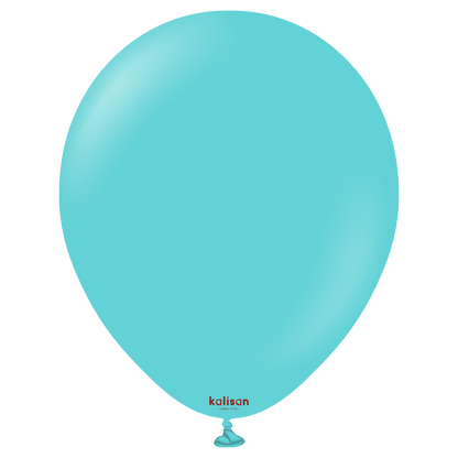 Aqua blue 12-inch round latex balloon with a smooth, glossy surface and "kalisan" printed near the tied end.