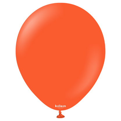 Bright flame orange 12-inch round latex balloon with a smooth, glossy surface and small white Kalisan logo near the bottom.
