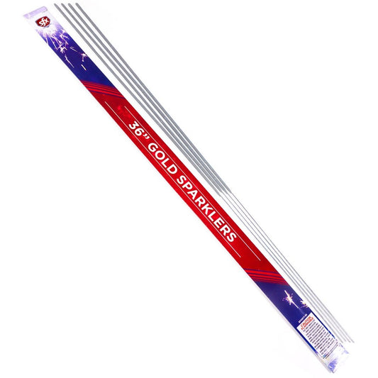 Four 36-inch long silver sparklers packaged in a red, white, and blue branded sleeve labeled "36in Gold Sparklers".