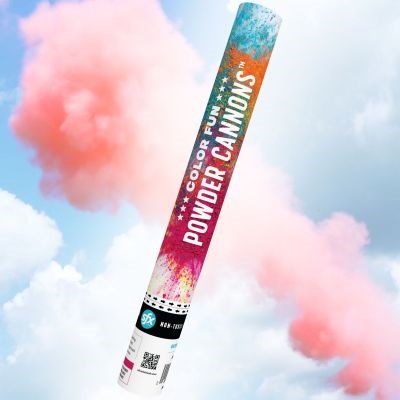 Tall cylindrical confetti popper with colorful gradient design and pink powder smoke burst.