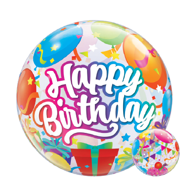 Colorful round foil balloon with "Happy Birthday" text, balloons, stars, and gift box graphics.