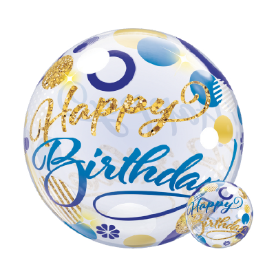 22-inch round translucent balloon with blue, gold, and white dots, featuring gold glitter "Happy" and blue script "Birthday"