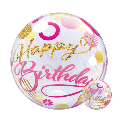 22-inch round clear balloon with pink, gold, and white dots, gold glitter "Happy Birthday" text.