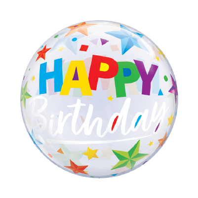22-inch transparent balloon with colorful stars and confetti, "Happy Birthday" in bold multicolored letters.