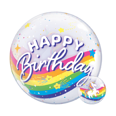 22-inch round birthday balloon with rainbow stripes, white "Happy Birthday" text, stars, and unicorn graphic.