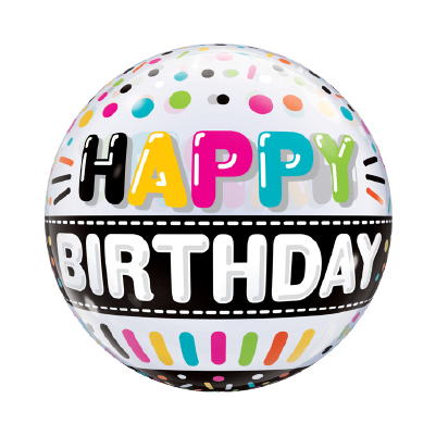 Round silver foil balloon with colorful polka dots and "Happy Birthday" in bold multicolor letters and black background band.
