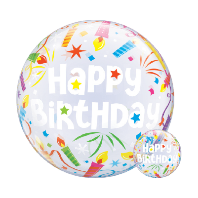 Round silver foil balloon with colorful birthday icons and bold white "Happy Birthday" text.