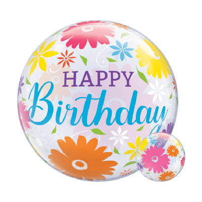 22-inch round foil balloon with colorful flowers and "Happy Birthday" in blue and purple lettering.
