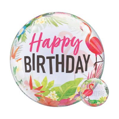 22-inch round foil balloon with pink flamingos, tropical leaves, and "Happy Birthday" text in pink and black.