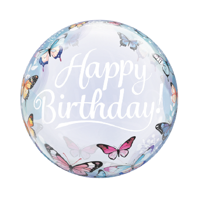 22-inch round birthday balloon with pastel blue background and colorful butterfly illustrations.