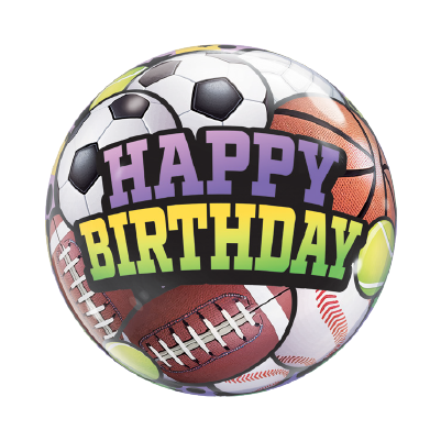 22-inch round foil balloon with various sports balls and bold "Happy Birthday" text in purple and yellow.