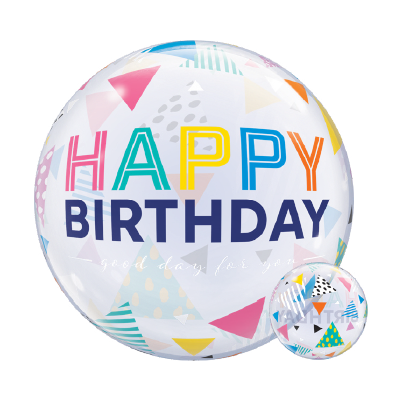 22-inch round clear balloon with colorful rainbow triangles and "Happy Birthday" text in multicolor letters.