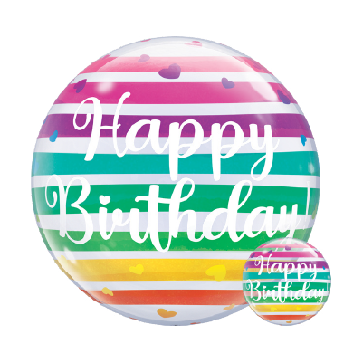22-inch round balloon with bright rainbow stripes and white "Happy Birthday" text in cursive.