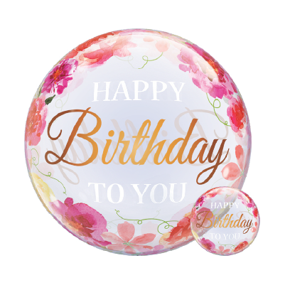 22-inch round foil balloon with pink peonies and gold "Happy Birthday" text on a light purple background.