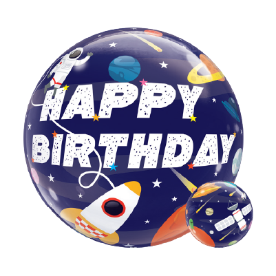 Round foil balloon with outer space theme, dark blue background, stars, planets, rocket, astronaut, and large white "Happy.