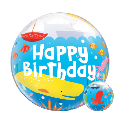 Round blue birthday balloon with underwater sea creatures and "Happy Birthday" text in white.