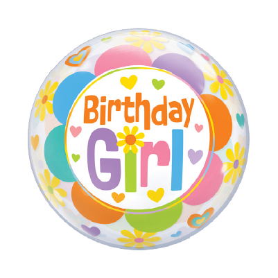 Round clear balloon with colorful flowers and hearts, "Birthday Girl" text in orange, purple, and green letters.