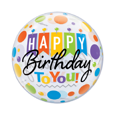 Round metallic balloon with colorful polka dots and "Happy Birthday To You!" in bold multicolor and black script letters.
