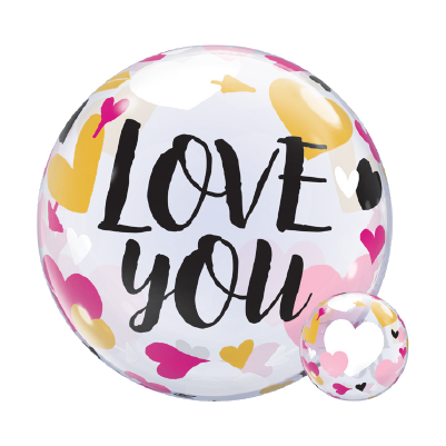 22-inch transparent balloon with black "LOVE YOU" text and colorful pink, gold, and white heart designs.
