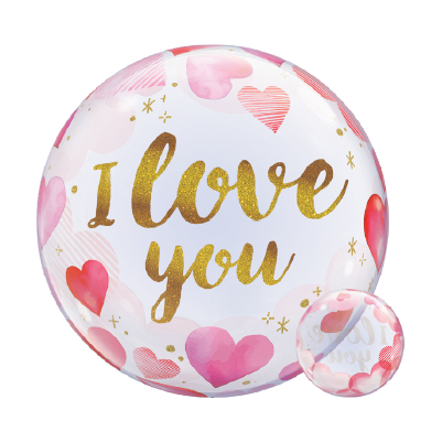 22-inch round foil balloon with pink hearts and gold glittery "I love you" text on a white background.