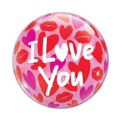 Round pink balloon with red lips, red and purple hearts, and white "I Love You" text.