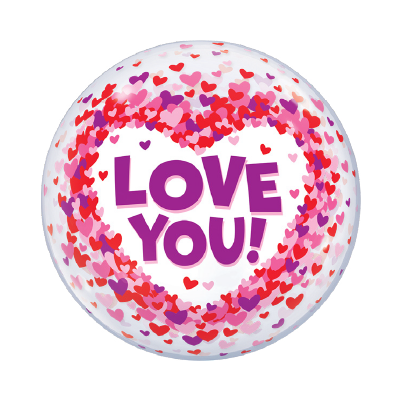 22-inch round foil balloon with colorful red, pink, and purple confetti hearts and bold purple "LOVE YOU!" text in the.