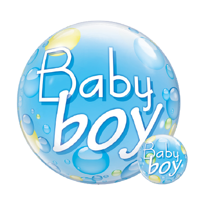Blue round balloon with white "Baby boy" text and light yellow and blue bubble patterns.