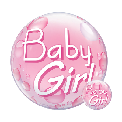 Round pink balloon with white text "Baby Girl" and small bubble details on the surface.