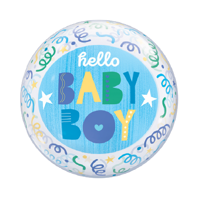 Round blue foil balloon with colorful "hello BABY BOY" text and festive streamers design.