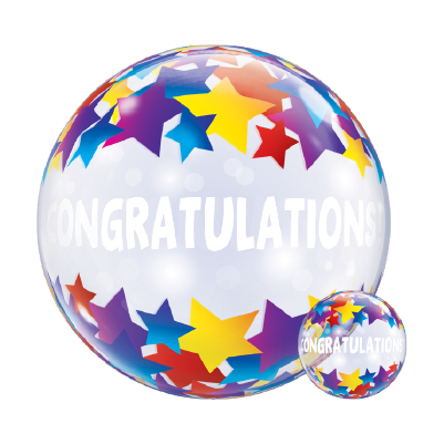 22-inch round balloon with colorful shooting stars and white "CONGRATULATIONS!" text on a translucent background.